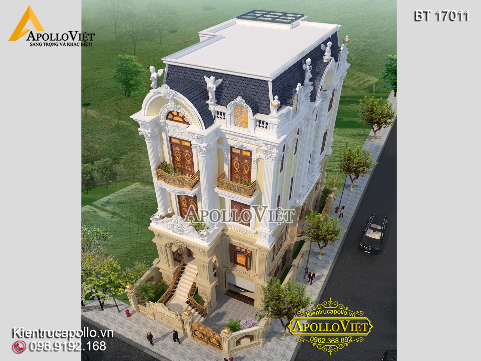 Phối cảnh thiết kế biệt thự cổ điển 4 tầng nhìn từ trên cao